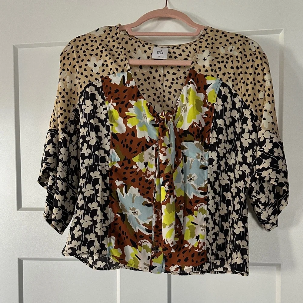 CAbi Cali Mixed-Print Tie-Front Blouse in Brown, Cream, Blue and Lime - Picture 1 of 3